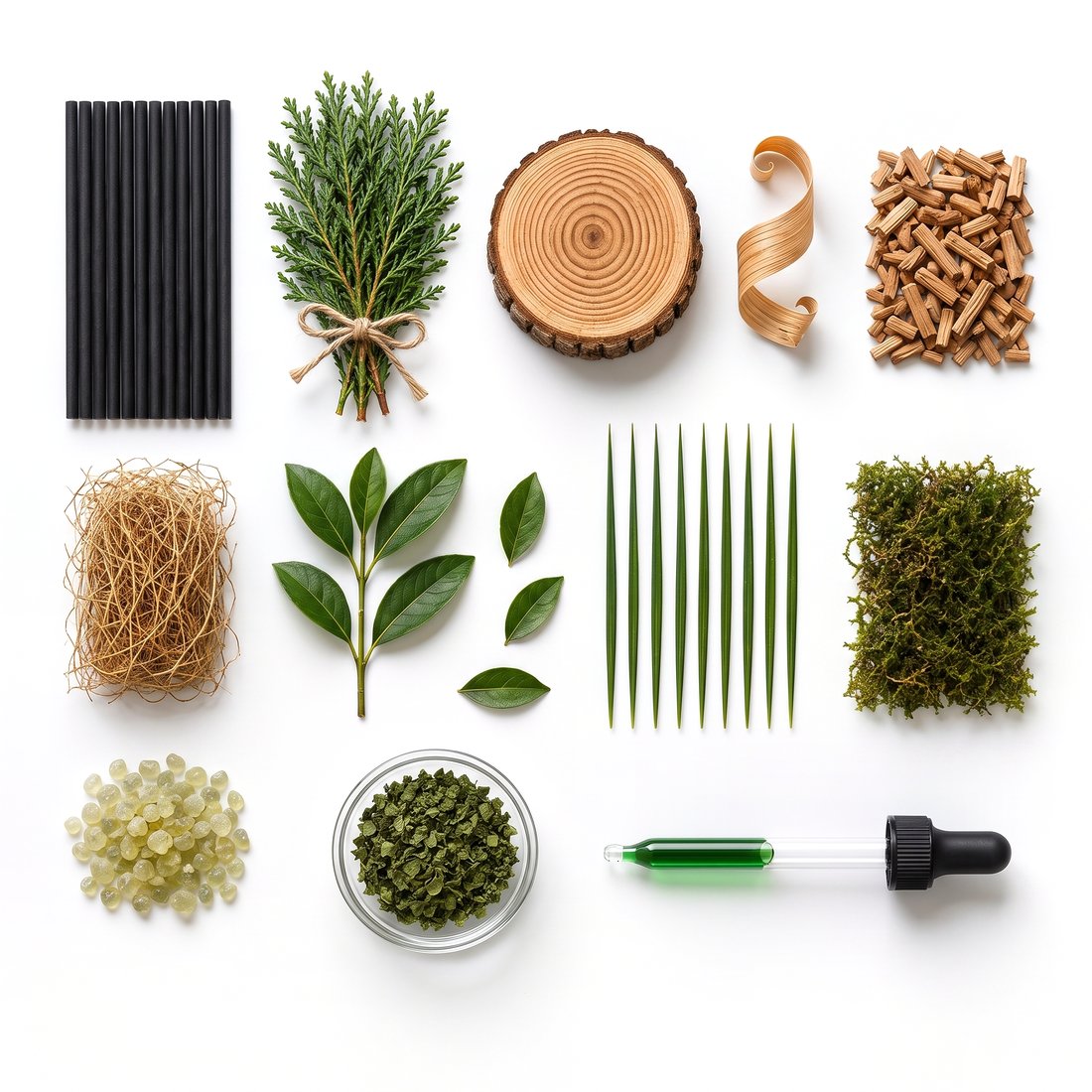 The raw materials of MORI laid out — cypress, cedar, reeds and green botanicals