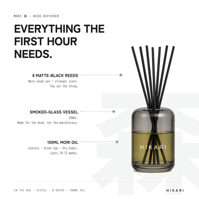What's in the box — MORI reed diffuser: smoked-glass vessel, 8 matte-black reeds, 100ml MORI oil, lasts 10-12 weeks