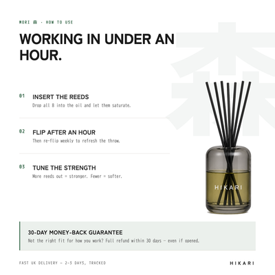 How to use MORI — insert the reeds, flip after an hour, tune the strength. 30-day money-back guarantee