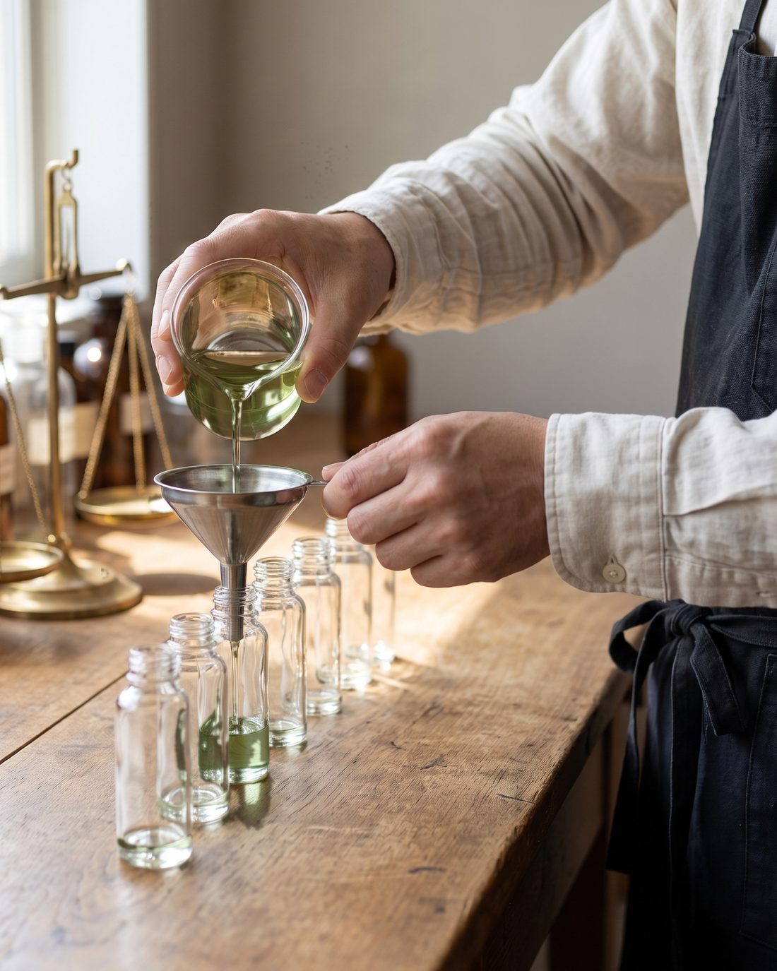 Decanting the MORI blend into bottles at the workbench